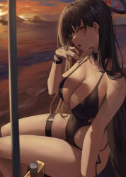 Rule 34 | 1girl, absurdres, bare shoulders, beach, black hair, black one-piece swimsuit, blue archive, breasts, choker, cleavage, collarbone, gradient sky, hair ornament, hairclip, halo, highres, large breasts, leviathan (hikinito0902), long hair, looking at viewer, one-piece swimsuit, open mouth, orange sky, red eyes, rio (blue archive), shore, sky, solo, sunset, swimsuit, thighs, twilight, very long hair