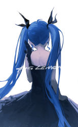 Rule 34 | 1girl, absurdres, bare arms, black dress, black ribbon, blue hair, chinese commentary, commentary request, dress, facing away, from behind, hair ribbon, hatsune miku, highres, linpiu, long hair, nape, ribbon, shinkai shoujo (vocaloid), simple background, solo, twintails, very long hair, vocaloid, white background