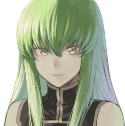 Rule 34 | 1girl, bad id, bad pixiv id, c.c., closed mouth, code geass, green hair, ikuchan kaoru, long hair, looking at viewer, portrait, simple background, smile, solo, white background, yellow eyes