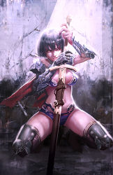 Rule 34 | 1girl, armor, bikini armor, black hair, longai, looking at viewer, md5 mismatch, midriff, navel, original, red eyes, resized, resolution mismatch, short hair, solo, source smaller, squatting, sword, thighhighs, upscaled, weapon