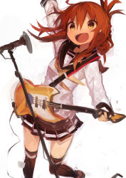 Rule 34 | 1girl, absurdres, arms up, black sailor collar, black skirt, black thighhighs, blush, brown hair, folded ponytail, guitar, hair between eyes, highres, holding, holding instrument, inazuma (kancolle), instrument, kaamin (mariarose753), kantai collection, long sleeves, microphone, microphone stand, open mouth, pleated skirt, ponytail, sailor collar, school uniform, serafuku, simple background, skirt, solo, thighhighs, white background, yellow eyes, yellow neckwear