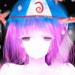 Rule 34 | 1girl, bare shoulders, black background, blue hat, collarbone, colored eyelashes, comb (suz), eyelashes, facing viewer, half-closed eyes, hat, mob cap, no lineart, pink eyes, pink hair, portrait, saigyouji yuyuko, snowing, solo, tears, touhou, triangular headpiece, upper body