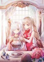 Rule 34 | 2girls, anastasia (fate), blue eyes, byuura (sonofelice), dress, fate/grand order, fate (series), flower, hair over one eye, highres, indoors, jewelry, long hair, marie antoinette (fate), mirror, multiple girls, necklace, off shoulder, red flower, silver hair, twintails, very long hair