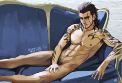 Rule 34 | 10s, 1boy, bara, casual nudity, couch, facial hair, final fantasy, final fantasy xv, gladiolus amicitia, looking away, lying, male focus, muscular, nude, scar, solo, tattoo