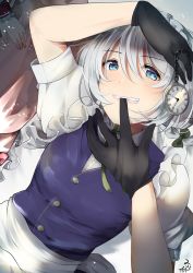 Rule 34 | 2girls, apron, biting, black gloves, blue eyes, blue vest, bow, braid, frills, glove biting, glove pull, gloves, hair between eyes, highres, izayoi sakuya, looking at viewer, lying, maid apron, maid headdress, miri (miri0xl), mouth hold, multiple girls, neck ribbon, on back, out of frame, pocket watch, puffy short sleeves, puffy sleeves, remilia scarlet, ribbon, short sleeves, solo focus, teeth, teeth hold, touhou, twin braids, vest, watch