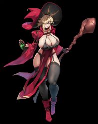Rule 34 | 1girl, black background, black gloves, breasts, curvy, eu03, fingerless gloves, full body, glass, gloves, hair over one eye, hat, holding, holding staff, huge breasts, jacket, nail polish, original, potion, red hat, red jacket, revealing clothes, simple background, staff, thick thighs, thighhighs, thighs, witch, witch hat
