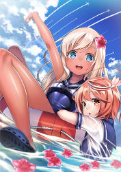 Rule 34 | 10s, 2girls, :d, ahoge, arm up, blonde hair, blue eyes, blush, cloud, contrail, crop top, day, flower, hair flower, hair ornament, i-58 (kancolle), kantai collection, lifebuoy, long hair, looking at viewer, multiple girls, one-piece swimsuit, open mouth, orange hair, outdoors, red eyes, ro-500 (kancolle), school swimsuit, school uniform, serafuku, shiny clothes, short hair, skindentation, sky, smile, swim ring, swimsuit, swimsuit under clothes, tan, tanline, unowen, water