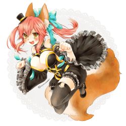 Rule 34 | 10s, 1girl, animal ears, animal hands, artist name, bare shoulders, black thighhighs, blush, breasts, cat paws, cleavage, cleavage cutout, clothing cutout, detached sleeves, fate/extra, fate/extra ccc, fate (series), fox ears, fox tail, hair ribbon, hat, high heels, highres, large breasts, looking at viewer, mini hat, mini top hat, official alternate costume, open mouth, paw pose, pink hair, ribbon, simple background, solo, tail, tamamo (fate), tamamo no mae (fate/extra), tamamo no mae (sable mage) (fate), thighhighs, top hat, twintails, utatane, white background, yellow eyes