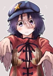 Rule 34 | 1girl, :&lt;, animal, beret, blush, breasts, cleavage, expressive clothes, fingernails, foreshortening, hat, highres, large breasts, long fingernails, looking at viewer, miyako yoshika, ofuda, outstretched arms, purple eyes, purple hair, red shirt, ribbon, shirt, short hair, simple background, solo, squirrel, star (symbol), touhou, translation request, waira