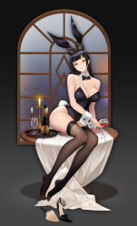 Rule 34 | 1girl, animal ears, ass, bare shoulders, bell, black bow, black bowtie, black hair, black leotard, black thighhighs, blunt bangs, bottle, bow, bowtie, breasts, candle, cleavage, cup, detached collar, drinking glass, fake animal ears, full moon, glass writing, head tilt, heart, highleg, highleg leotard, highres, large breasts, legs, leotard, long hair, looking at viewer, moon, neck bell, open mouth, original, peter pan (adtc7243), playboy bunny, rabbit tail, rain, red eyes, shoes, unworn shoes, sitting, soles, solo, spilling, strapless, strapless leotard, tablecloth, tail, thighhighs, thighs, wine bottle, wine glass, wrist cuffs, writing on window
