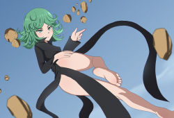 Rule 34 | 1girl, barefoot, feet, green eyes, green hair, hand on own ass, long hair, looking at viewer, one-punch man, rock, soles, tatsumaki, toes