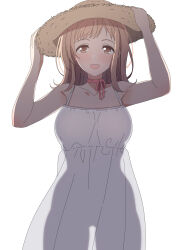 Rule 34 | 1girl, arimon (dfrgty12), armpits, blush, breasts, collarbone, dress, hands on headwear, hat, highres, idolmaster, idolmaster shiny colors, large breasts, light brown hair, looking at viewer, sakuragi mano, see-through silhouette, simple background, smile, solo, straw hat, sundress, white background, white dress