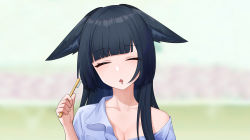 Rule 34 | 1girl, :o, absurdres, animal ears, black hair, blue shirt, blunt bangs, blurry, blurry background, blush, breasts, chestnut mouth, cleavage, closed eyes, collarbone, commentary request, drooling, ears down, eyelashes, fox ears, hand up, highres, holding, holding toothbrush, hoshimi miyabi, indoors, long hair, mangshe jiao, medium breasts, mouth drool, off shoulder, open mouth, pajamas, shirt, sidelocks, single bare shoulder, sleeping, sleeping upright, solo, toothbrush, upper body, zenless zone zero