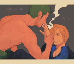 Rule 34 | back, blonde hair, cigarette, collared shirt, curly eyebrows, facial hair, food theft, from behind, goatee, green hair, hair over one eye, highres, holding, holding cigarette, long sideburns, loose necktie, male focus, necktie, one piece, roronoa zoro, sanji (one piece), shirt, short hair, sideburns, smile, smoking, sweatdrop, toned, toned male, topless male, ynnn m