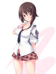 Rule 34 | 1girl, alternate costume, arms behind back, backpack, bag, black necktie, blouse, blush, breasts, brown eyes, brown hair, brown skirt, candy, cleavage, collared shirt, commentary, dated, food, girls und panzer, highres, holding, holding candy, holding food, holding lollipop, kuzuryuu kennosuke, light blush, lollipop, long sleeves, looking at viewer, loose necktie, medium breasts, miniskirt, mouth hold, necktie, nishizumi maho, one-hour drawing challenge, partially unbuttoned, plaid, plaid skirt, pleated skirt, purple scrunchie, scrunchie, shirt, short hair, skirt, sleeves rolled up, solo, standing, twitter username, white shirt, wrist scrunchie