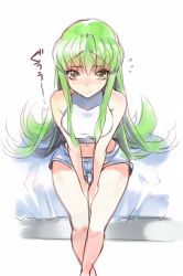 Rule 34 | 1girl, bare legs, bare shoulders, blush, body blush, c.c., code geass, creayus, crop top, flying sweatdrops, green hair, halterneck, long hair, looking at viewer, looking up, midriff, navel, shiny skin, short shorts, shorts, sitting, solo, sweat, thigh gap, v arms, yellow eyes
