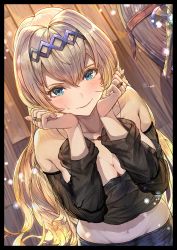 Rule 34 | 1girl, absurdres, alternate costume, bare shoulders, black shirt, blonde hair, blue eyes, blue pants, blush, breasts, cleavage, closed mouth, collarbone, diadem, granblue fantasy, highres, huge filesize, jeanne d&#039;arc (granblue fantasy), jewelry, large breasts, long hair, long sleeves, looking at viewer, midriff, navel, necklace, occa-key, off-shoulder shirt, off shoulder, pants, pendant, ring, shirt, smile