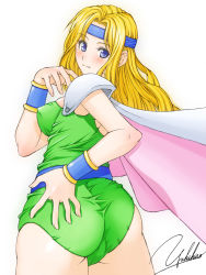 Rule 34 | 1990s (style), 1girl, armor, ass, bad id, bad pixiv id, belt, blonde hair, blue eyes, blush, breasts, cameltoe, cape, celes chere, covered erect nipples, cowboy shot, final fantasy, final fantasy vi, from behind, hand on own ass, headband, leotard, light smile, long hair, looking at viewer, looking back, pauldrons, retro artstyle, shoulder armor, sideboob, signature, simple background, smile, solo, taut clothes, thighs, vambraces, white background, yukihiro