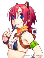 Rule 34 | 1girl, animal ears, armband, artist name, bikini, bikininja, blue eyes, copyright name, fake animal ears, flat chest, grin, looking at viewer, mouth hold, red hair, scroll, short hair, shuriken, simple background, smile, solo, swimsuit, v, wang-pac, weapon, white background