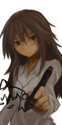 Rule 34 | 1girl, bad id, bad pixiv id, brown eyes, brown hair, drawing, dress shirt, earphones, exfeet, expressionless, foreshortening, glasses, head tilt, long hair, looking at viewer, original, shirt, simple background, solo, stylus, white background