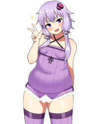 Rule 34 | 1girl, bare shoulders, belly, big belly, blush, breasts, covered navel, curvy, dress, fat, fat rolls, hair ornament, head tilt, highres, long hair, looking at viewer, love handles, muffin top, open mouth, plump, purple dress, purple eyes, purple hair, purple thighhighs, satou (su9arsatou), short hair with long locks, small breasts, smile, solo, sparkle, standing, thighhighs, thighs, v, vocaloid, voiceroid, yuzuki yukari
