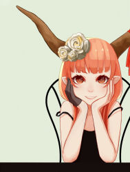 Rule 34 | 1girl, alternate costume, atg (wttoo0202), bad id, bad pixiv id, camisole, chair, elbow rest, eyelashes, flower, gloves, grey background, grin, hair flower, hair ornament, half gloves, head rest, horn ornament, horn ribbon, horns, ibuki suika, long hair, looking at viewer, matching hair/eyes, orange eyes, orange hair, pointy ears, pov across table, ribbon, rose, simple background, single glove, smile, solo, strap slip, table, touhou, white flower, white rose