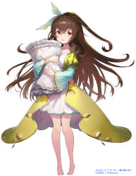 Rule 34 | 1girl, barefoot, bow, brown eyes, brown hair, company name, dress, full body, hair bow, hayama eishi, highres, holding, holding pillow, hortensia saga, long hair, looking at viewer, official art, pillow, puffy sleeves, simple background, solo, standing, very long hair, white background