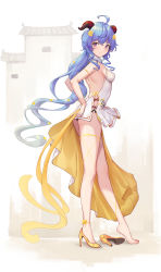 Rule 34 | 1girl, absurdres, ahoge, airool, back cutout, barefoot, black panties, blue hair, blush, china dress, chinese clothes, closed mouth, clothing cutout, curled horns, dress, from side, full body, ganyu (genshin impact), genshin impact, goat horns, high heels, highres, horns, long hair, panties, pumps, purple eyes, shoes, side-tie dress, simple background, single shoe, smile, solo, thighs, underwear, unworn shoe, unworn shoes, very long hair, white background