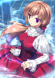 Rule 34 | 10s, 1girl, blush, bow, breasts, brown hair, cardfight!! vanguard, cowboy shot, doll joints, dress, eyebrows, eyes visible through hair, facial mark, joints, juliet sleeves, long hair, long sleeves, looking at viewer, low ponytail, nightmare doll alice, parted lips, ponytail, puffy sleeves, puppet, puppet strings, purple eyes, red bow, red dress, sheita, skirt hold, solo, sparkle
