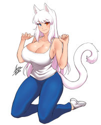 Rule 34 | 1girl, absurdres, airisubaka, animal ears, artist name, bare shoulders, blue eyes, blue pants, breasts, cat ears, cat girl, cat tail, collarbone, commentary, english commentary, full body, hands up, heterochromia, highres, kneeling, large breasts, long hair, looking at viewer, orange eyes, original, pants, shoes, signature, simple background, solo, tail, tank top, very long hair, white background, white footwear, white hair, white tank top