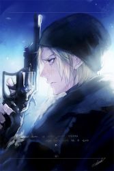 Rule 34 | 1boy, beanie, black coat, black hat, blonde hair, blue background, blue eyes, border, coat, crying, danhu, final fantasy, final fantasy xv, fingerless gloves, freckles, gloves, gun, handgun, hat, highres, holding, holding gun, holding weapon, looking at viewer, looking to the side, male focus, profile, prompto argentum, short hair, signature, solo, square enix, tears, weapon
