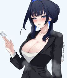 Rule 34 | 1girl, absurdres, alternate breast size, amai-pai, black hair, blue eyes, blue hair, blush, breasts, collarbone, condom, formal, hair intakes, highres, hololive, hololive english, jewelry, large breasts, long hair, long sleeves, looking at viewer, multicolored hair, ouro kronii, shirt, smile, solo, sweat, sweatdrop, virtual youtuber, white background