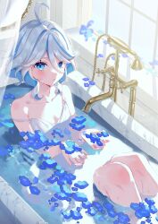 Rule 34 | 1girl, absurdres, bathroom, bathtub, blue eyes, blue flower, blue hair, blush, camisole, collarbone, commentary, cowlick, drop-shaped pupils, flower, flower on liquid, furina (genshin impact), genshin impact, grey hair, harushio, heterochromia, highres, indoors, light blue hair, looking at viewer, open mouth, partially submerged, solo, sunlight, symbol-shaped pupils, wavy hair, white camisole, window shadow