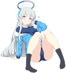 Rule 34 | 1girl, arm support, black socks, blue archive, blue jacket, blunt bangs, blush, breasts, closed mouth, full body, grey hair, halo, heart, highres, jacket, legs, long hair, looking at viewer, mechanical halo, medium breasts, noa (blue archive), purple eyes, simple background, sitting, smile, socks, solo, thighs, track jacket, white background, yamasan, yuuka (blue archive), yuuka (track) (blue archive)