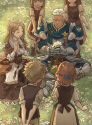 Rule 34 | 2boys, 4girls, :d, ^ ^, armor, arms behind back, blonde hair, closed eyes, commentary, dark-skinned male, dark skin, dedue molinaro, english commentary, field, fire emblem, fire emblem: three houses, fire emblem warriors: three hopes, flower, flower field, gauntlets, graves, green little, holding, holding flower, long hair, mercedes von martritz, multiple boys, multiple girls, nintendo, official alternate costume, official alternate hairstyle, on grass, open mouth, outdoors, own hands together, short hair, sitting, smile, white facial hair, white flower, white hair