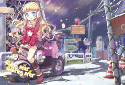 Rule 34 | 1girl, blonde hair, blue eyes, earmuffs, jin young-in, long hair, md5 mismatch, original, resolution mismatch, scarf, sitting, snow, solo, source smaller, star (symbol), wings