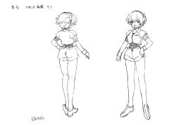 Rule 34 | 00s, 1girl, absurdres, ass, boots, breasts, character sheet, hairband, hand on own hip, hara shouji, highres, looking at viewer, medium breasts, midriff, monochrome, necktie, official art, ryuusei sentai musumet, saotome marcia, scan, short hair, short shorts, shorts, smile, solo, standing, translation request