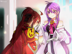 Rule 34 | 2girls, aether sage (elsword), ahoge, aisha landar, antenna hair, bare shoulders, blush, dated, elesis (elsword), elsword, empire sword (elsword), gloves, gomiyama, hair between eyes, kissing hand, holding, holding paper, kiss, long hair, looking at another, multiple girls, paper, ponytail, purple eyes, purple hair, red eyes, red hair, signature, smile, upper body, very long hair, white gloves, yuri