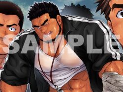 Rule 34 | 4boys, abs, arm hair, bara, beard, black hair, black jacket, blush, clothes lift, coach, covered erect nipples, dark-skinned male, dark skin, facial hair, grin, hairy, jacket, large pectorals, male focus, mature male, midriff peek, multiple boys, muscular, muscular male, navel, navel hair, nipples, novel illustration, official art, open clothes, open jacket, original, out-of-frame censoring, pectorals, sample watermark, second-party source, see-through, shirai mizuto, shirt, shirt lift, short hair, sideburns, sleeves rolled up, smile, spiked hair, stomach, teacher, teacher and student, terujirou (masateruteru), thick eyebrows, track jacket, veiny face, watermark, wet, wet clothes, wet shirt, whistle, whistle around neck, yaoi, zipper