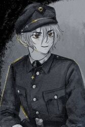 Rule 34 | 1girl, androgynous, artist name, belt, brown eyes, coat, commentary, cross, cross necklace, greyscale, hat, highres, jewelry, marichka, military coat, military hat, military uniform, monochrome, necklace, necktie, original, petliurivka, photo-referenced, short hair, signature, smile, solo, spot color, ukraine, uniform, upper body, usergore