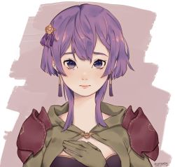 Rule 34 | 1girl, artist name, astroppy, bernadetta von varley, closed mouth, earrings, fire emblem, fire emblem: three houses, gloves, hair ornament, highres, jewelry, nintendo, purple eyes, purple hair, simple background, solo, upper body