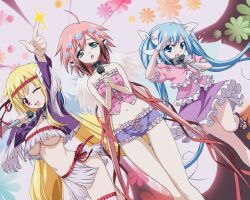 Rule 34 | 3girls, angel wings, arm up, astraea (sora no otoshimono), bare shoulders, blue eyes, blue hair, blue panties, bow, bow panties, breasts, broken, broken chain, capelet, chain, collar, collarbone, commentary, dress, feathered wings, frilled dress, frilled panties, frills, fringe skirt, fringe trim, gluteal fold, green eyes, hair ribbon, hairband, hand up, head wreath, highres, holding, holding microphone, ikaros, large breasts, long hair, looking at viewer, microphone, multiple girls, navel, nymph (sora no otoshimono), official art, one eye closed, open mouth, panties, pink corset, pink dress, pink hair, puffy short sleeves, puffy sleeves, purple capelet, red hairband, ribbon, ribbon bra, robot ears, short sleeves, skirt, sora no otoshimono, thighs, twintails, underboob, underwear, very long hair, watanabe yoshihiro, white ribbon, white skirt, white wings, wings