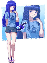 Rule 34 | 1girl, absurdres, alternate costume, arm behind back, blue hair, blue shirt, blunt bangs, bow, casual, cat tail, character print, clothes writing, collarbone, commentary, denim, denim shorts, english text, eyes visible through hair, flip-flops, frederica bernkastel, full body, furude rika, halftone, halftone background, highres, higurashi no naku koro ni, hime cut, legs, light blush, long hair, looking to the side, outline, print shirt, purple bow, purple eyes, sandals, shirt, shorts, sidelocks, solo, t-shirt, tail, tail bow, tail ornament, toenails, toes, umineko no naku koro ni, white background, white outline, zawabug, zoom layer