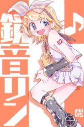 Rule 34 | 1girl, :d, arm tattoo, bad id, bad twitter id, blonde hair, blue eyes, bow, detached sleeves, fang, fortissimo, hair bow, hair ornament, hairclip, headphones, headset, highres, kagamine rin, kagamine rin (vocaloid4), knees up, leg warmers, looking at viewer, open mouth, piano print, pleated, sailor collar, shimasaki meiichi, short hair, shorts, smile, sparkling eyes, tattoo, turning head, v4x, vocaloid, white shorts