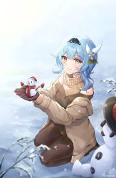 Rule 34 | 1girl, absurdres, bare shoulders, blue hair, eula (genshin impact), genshin impact, gloves, hair ornament, hairband, happy, harukix, hat, highres, jacket, looking at viewer, outstretched arms, santa hat, smile, snow, snowman, solo, sweater, top hat, turtleneck, turtleneck sweater, winter clothes, yellow eyes