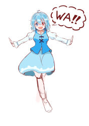 Rule 34 | 1girl, :d, absurdres, ahoge, blue eyes, blue hair, blue skirt, blue vest, full body, heterochromia, highres, juliet sleeves, long sleeves, looking at viewer, open mouth, outstretched arms, oysterpersimmon, puffy sleeves, red eyes, simple background, skirt, smile, solo, speech bubble, tatara kogasa, touhou, vest, white background