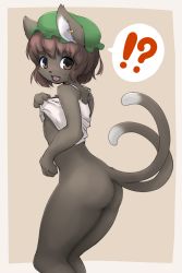 Rule 34 | !?, 1girl, animal ears, ass, asuri chika, blush, border, bottomless, brown background, brown hair, cat ears, cat tail, chen, earrings, female focus, from behind, furrification, furry, furry female, green hat, grey fur, hat, highres, jewelry, looking at viewer, looking back, mob cap, multiple tails, open mouth, short hair, single earring, solo, tail, touhou, white border
