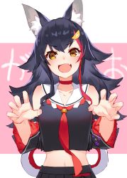 Rule 34 | 1girl, absurdres, animal ear fluff, animal ears, bare shoulders, black hair, blush, choker, claw pose, collarbone, detached sleeves, fang, fang out, hair ornament, hairclip, highres, hololive, izumi sai, japanese clothes, kouhaku nawa, long hair, looking at viewer, midriff, multicolored hair, necktie, ookami mio, ookami mio (1st costume), open mouth, pink background, rope, shimenawa, skin fang, smile, solo, streaked hair, text background, v-shaped eyebrows, virtual youtuber, wolf ears, yellow eyes