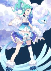 Rule 34 | 1girl, altaria, aqua eyes, aqua hair, aqua nails, arm at side, arm up, arm warmers, armpits, asymmetrical hair, asymmetrical legwear, bare shoulders, blue bow, blue footwear, blue ribbon, blue skirt, blue tank top, boots, bow, child, collarbone, creatures (company), crop top, diadem, earrings, eyelashes, female focus, fingernails, flat chest, full body, fur collar, fur trim, game freak, gen 3 pokemon, gen 6 pokemon, hair ornament, hand on own chest, happy, high heel boots, high heels, idol, jewelry, leg warmers, legs, lisia (pokemon), long hair, looking afar, looking away, matching hair/eyes, mega altaria, mega pokemon, mega stone, midriff, miniskirt, nail polish, navel, neck, nintendo, open mouth, outstretched arms, pokemon, pokemon (creature), pokemon oras, ponytail, profile, ribbon, shirt, short shorts, shorts, shorts under skirt, showgirl skirt, side bangs, single thighhigh, size difference, skirt, sleeveless, sleeveless shirt, smile, spread arms, standing, star (symbol), starry background, striped clothes, striped thighhighs, tank top, thighhighs, thighs, tiara, tomipurapura, two-tone shirt, two-tone skirt