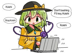 Rule 34 | 1girl, ^ ^, black hat, blouse, blush stickers, bow, buttons, closed eyes, computer, diamond button, english text, engrish text, eyeball, frilled shirt collar, frilled sleeves, frills, green eyes, green hair, hat, hat bow, heart, heart of string, kasuya baian, komeiji koishi, laptop, looking down, motion lines, ranguage, shirt, short hair, simple background, solo, speed lines, straight hair, third eye, touhou, upper body, white background, yellow bow, yellow shirt